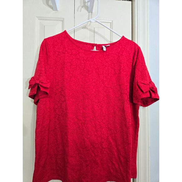 Elle Red Textured Short-Sleeve Top With Bow Accents Womens XL Polyester/Spandex - Picture 1 of 6